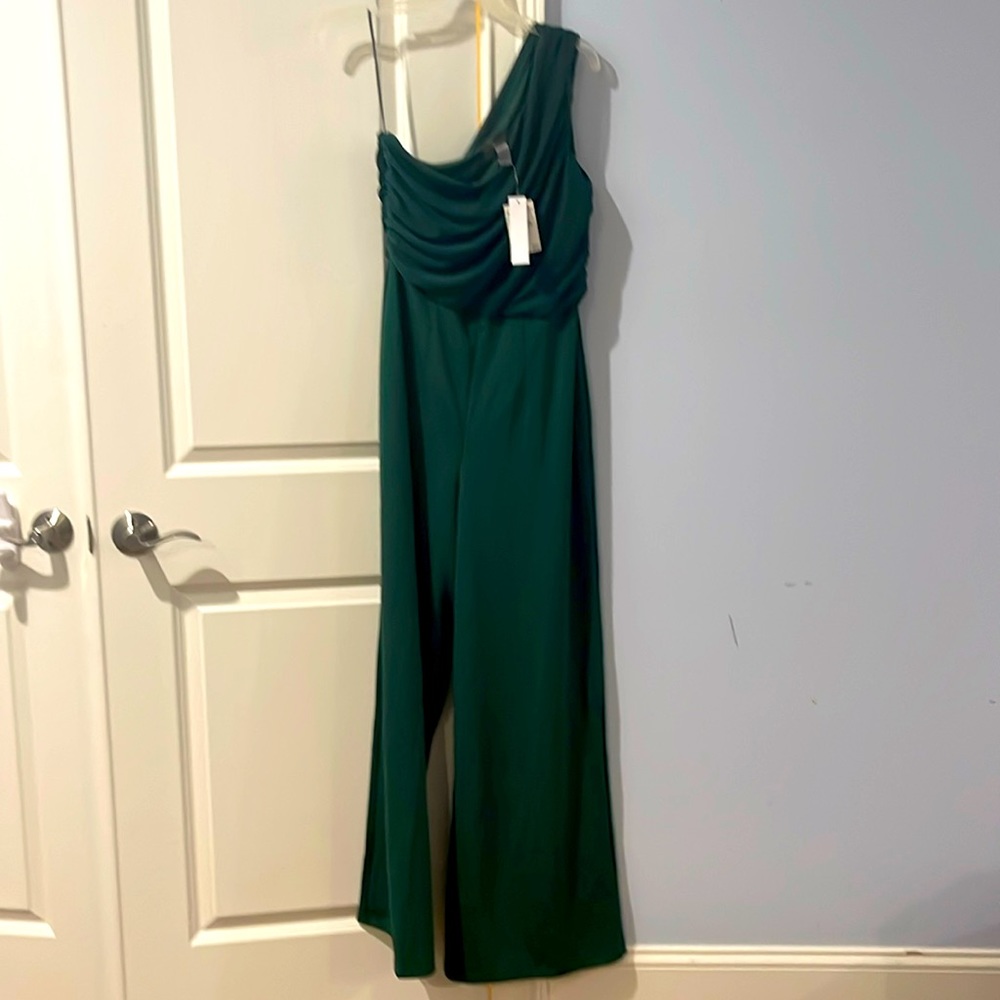 Emerald colored one shoulder jumpsuit